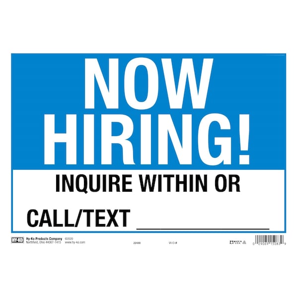 Hy-Ko 9 X 13 Now Hiring Sign 9" x 13", 10PK A15083 - main